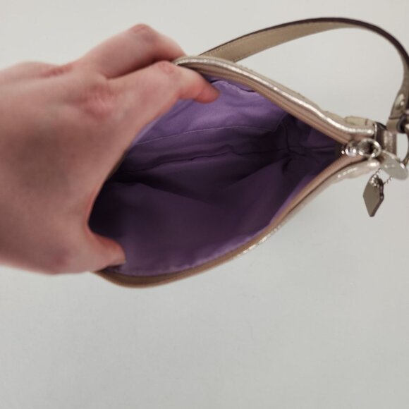 Coach Handbag Silver Metallic Pleated Mini Baguette Ashley Hobo Classic - Picture 6 of 9